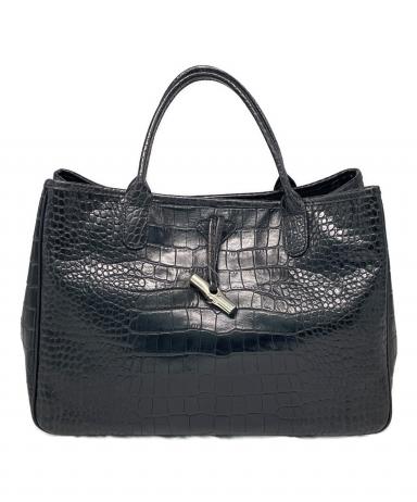 Longchamp ロンシャン クロコ型押し レザートートバッグ ブラック 中古・古着通販】LONGCHAMP (ロンシャン) クロコ型押しレザー