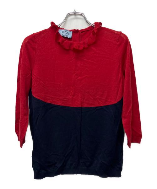 PRADA（プラダ）PRADA (プラダ) 薄手ニット レッド×ネイビー サイズ:３６の古着・服飾アイテム