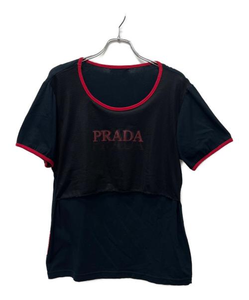 PRADA（プラダ）PRADA (プラダ) 切替メッシュTシャツ ブラック×レッド サイズ:不明の古着・服飾アイテム