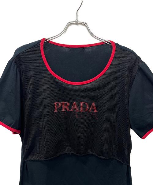 PRADA（プラダ）PRADA (プラダ) 切替メッシュTシャツ ブラック×レッド サイズ:不明の古着・服飾アイテム