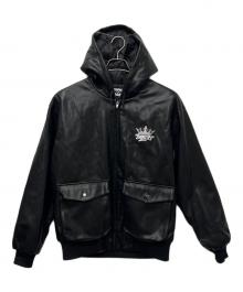 9090（9090）の古着「King Logo Synthetic Leather Hooded Jacket」｜ブラック