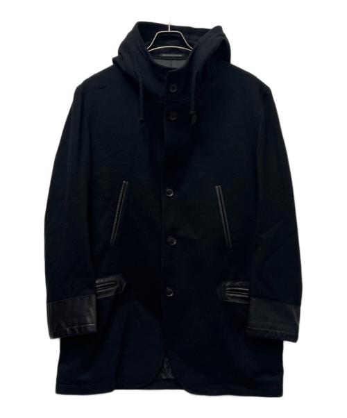 Yohji Yamamoto pour homme（ヨウジヤマモト プールオム）Yohji Yamamoto pour homme (ヨウジヤマモト プールオム) レザー切替フーデッドジャケット ブラック サイズ:２の古着・服飾アイテム