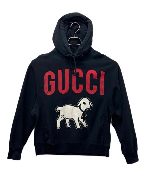 GUCCI（グッチ）GUCCI (グッチ) ラムロゴ オーバーサイズ プルオーバー パーカー ネイビー サイズ:ＸＳの古着・服飾アイテム