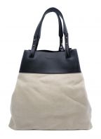 BOTTEGA VENETAボッテガベネタ）の古着「レザートリムキャンバストートバッグ」｜ブラック×ベージュ