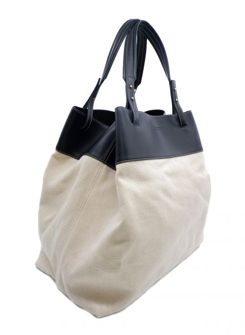 BOTTEGA VENETA（ボッテガベネタ）BOTTEGA VENETA (ボッテガベネタ) レザートリムキャンバストートバッグ ブラック×ベージュの古着・服飾アイテム