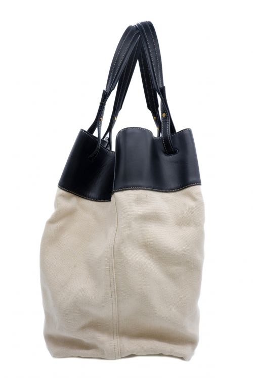BOTTEGA VENETA（ボッテガベネタ）BOTTEGA VENETA (ボッテガベネタ) レザートリムキャンバストートバッグ ブラック×ベージュの古着・服飾アイテム