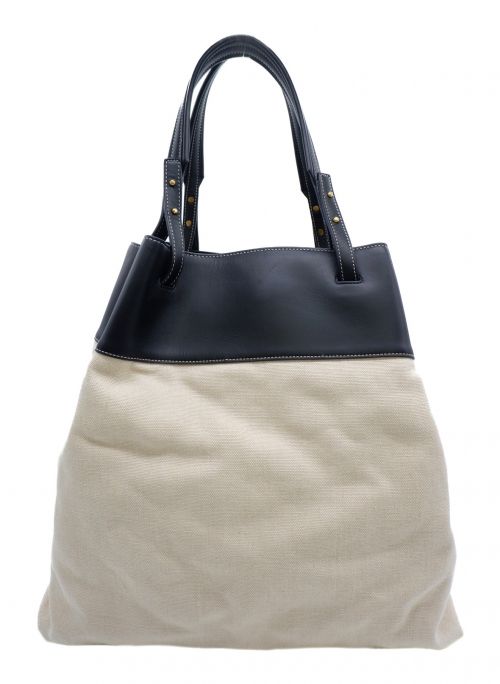 BOTTEGA VENETA（ボッテガベネタ）BOTTEGA VENETA (ボッテガベネタ) レザートリムキャンバストートバッグ ブラック×ベージュの古着・服飾アイテム