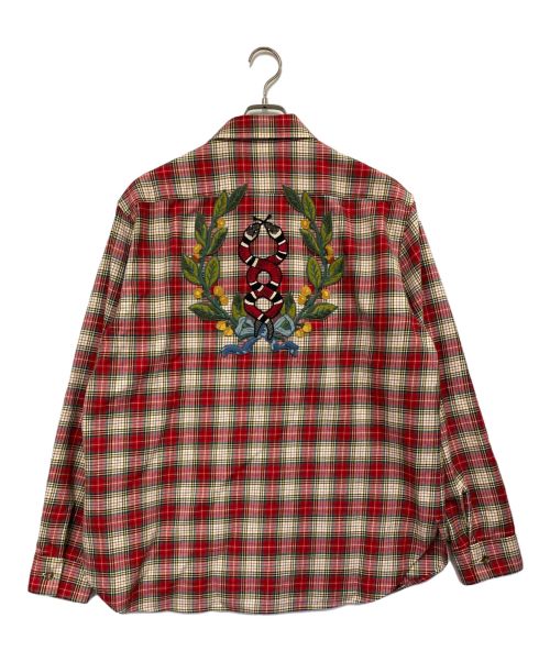 GUCCI（グッチ）GUCCI (グッチ) バック刺繍チェックシャツ レッド×グリーン サイズ:54の古着・服飾アイテム
