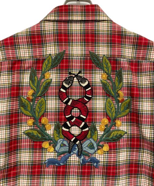 GUCCI（グッチ）GUCCI (グッチ) バック刺繍チェックシャツ レッド×グリーン サイズ:54の古着・服飾アイテム