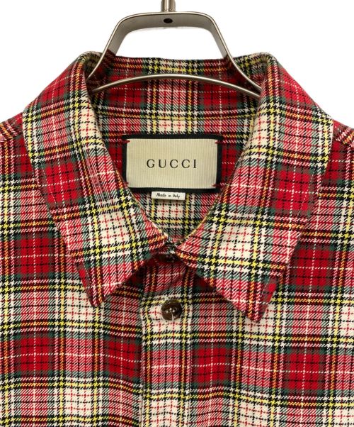 GUCCI（グッチ）GUCCI (グッチ) バック刺繍チェックシャツ レッド×グリーン サイズ:54の古着・服飾アイテム