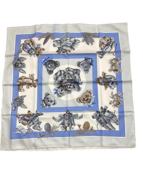 HERMES（エルメス）HERMES (エルメス) カレ90 CONFIDENTS DES COEURS（心の友）テディベア ブルーの古着・服飾アイテム