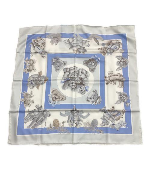 HERMES（エルメス）HERMES (エルメス) カレ90 CONFIDENTS DES COEURS（心の友）テディベア ブルーの古着・服飾アイテム