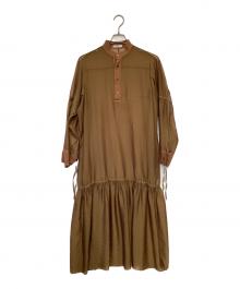 FEMMENT（ファモン）の古着「ナイロンモノフィラメントオーガンジーシャツカラースウィッチングロングドレス」｜ブラウン