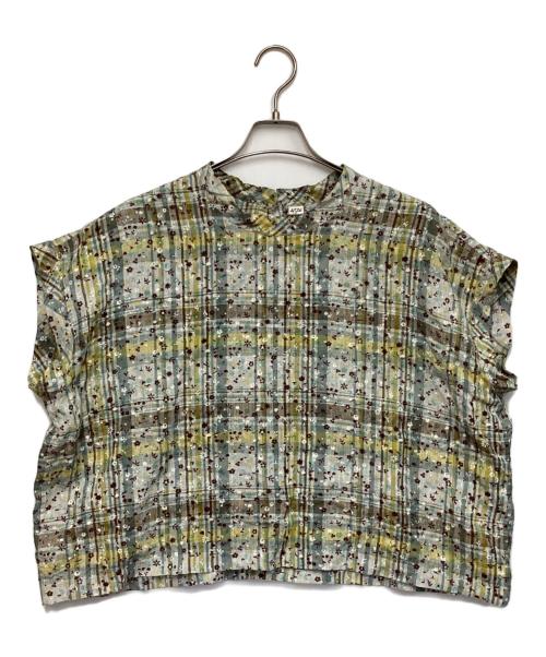 45R（フォーティファイブ・アール）45R (フォーティファイブ・アール) インドリネンマドラスフラワーのMシャツ グレー×イエロー サイズ:表記無の古着・服飾アイテム