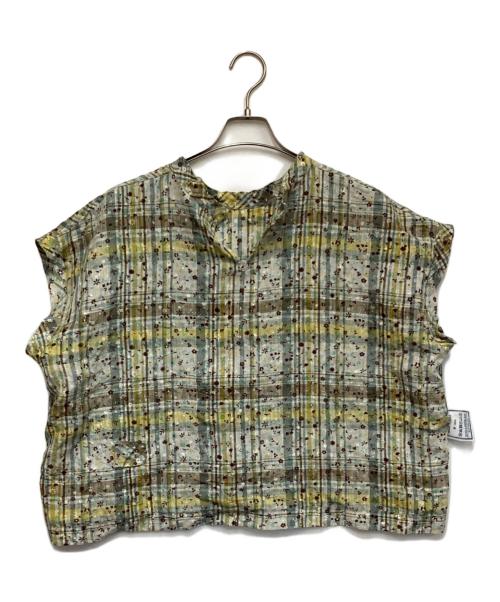 45R（フォーティファイブ・アール）45R (フォーティファイブ・アール) インドリネンマドラスフラワーのMシャツ グレー×イエロー サイズ:表記無の古着・服飾アイテム