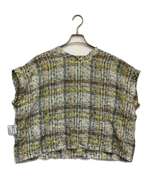 45R（フォーティファイブ・アール）45R (フォーティファイブ・アール) インドリネンマドラスフラワーのMシャツ グレー×イエロー サイズ:表記無の古着・服飾アイテム