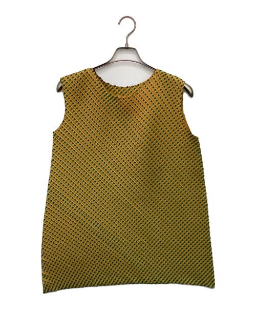 PLEATS PLEASE（プリーツプリーズ）PLEATS PLEASE (プリーツプリーズ) ノースリーブカットソー イエロー×グリーン サイズ:3の古着・服飾アイテム