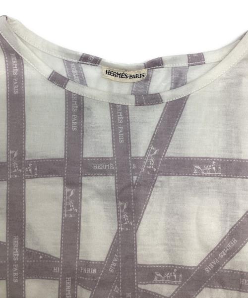 HERMES（エルメス）HERMES (エルメス) ボルデュックリボン 長袖カットソー ホワイト×パープル サイズ:Sの古着・服飾アイテム