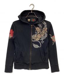 錦（ニシキ）の古着「和柄ジップパーカー」｜ブラック