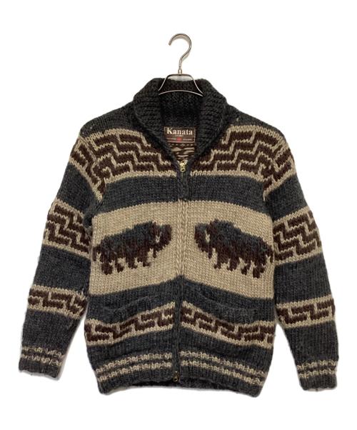 KANATA（カナタ）KANATA (カナタ) カウチン ジップカーディガン グレー×ブラウン サイズ:表記無の古着・服飾アイテム