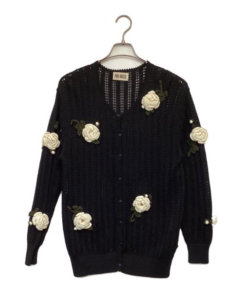 PINK HOUSE（ピンクハウス）PINK HOUSE (ピンクハウス) 薔薇モチーフ カーディガン ブラック×アイボリー サイズ:表記無の古着・服飾アイテム