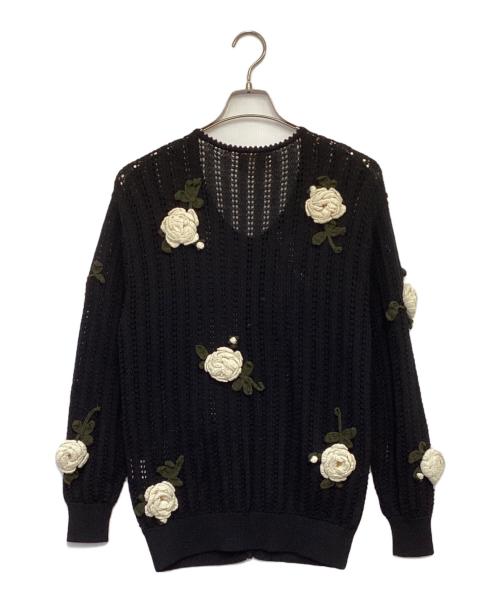 PINK HOUSE（ピンクハウス）PINK HOUSE (ピンクハウス) 薔薇モチーフ カーディガン ブラック×アイボリー サイズ:表記無の古着・服飾アイテム