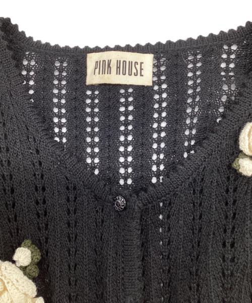 PINK HOUSE（ピンクハウス）PINK HOUSE (ピンクハウス) 薔薇モチーフ カーディガン ブラック×アイボリー サイズ:表記無の古着・服飾アイテム
