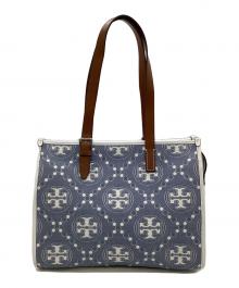 TORY BURCH（トリーバーチ）の古着「Tモノグラム ジャガード スモールトートバッグ」｜インディゴ×ホワイト