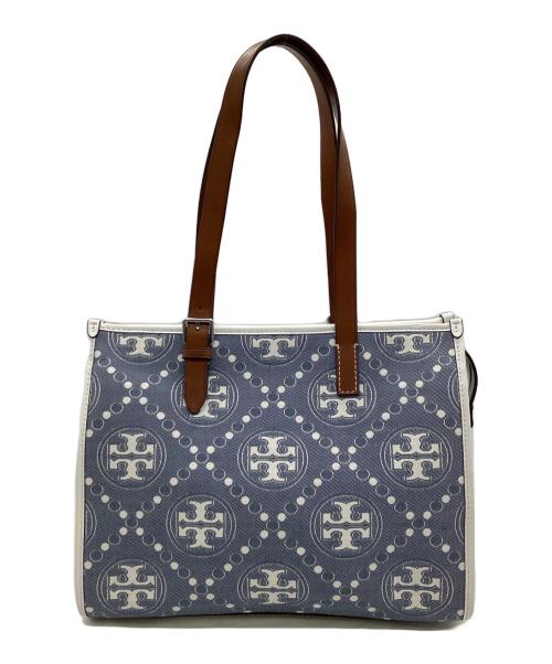 TORY BURCH（トリーバーチ）TORY BURCH (トリーバーチ) Tモノグラム ジャガード スモールトートバッグ インディゴ×ホワイトの古着・服飾アイテム