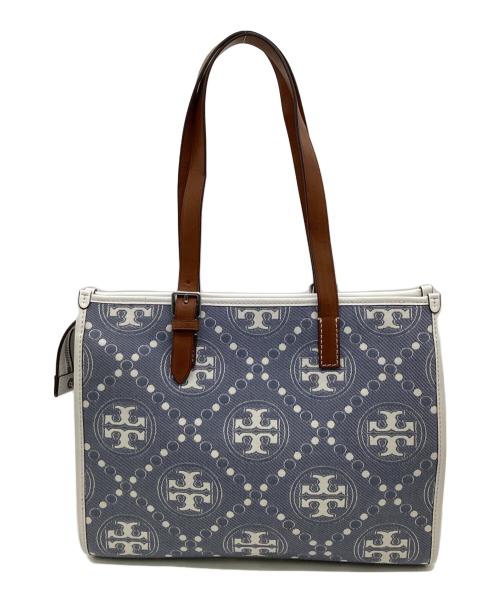 TORY BURCH（トリーバーチ）TORY BURCH (トリーバーチ) Tモノグラム ジャガード スモールトートバッグ インディゴ×ホワイトの古着・服飾アイテム