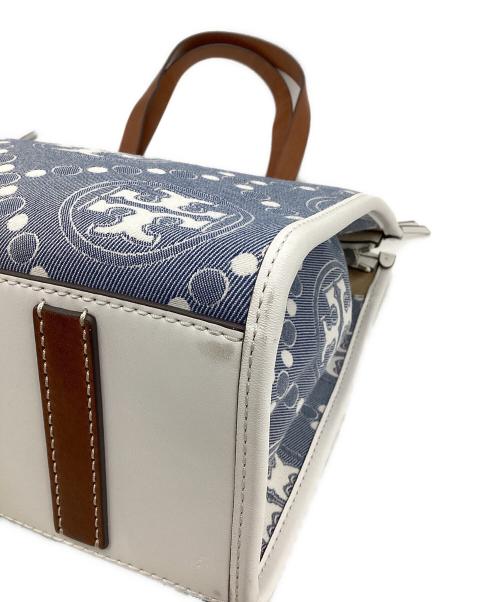 TORY BURCH（トリーバーチ）TORY BURCH (トリーバーチ) Tモノグラム ジャガード スモールトートバッグ インディゴ×ホワイトの古着・服飾アイテム
