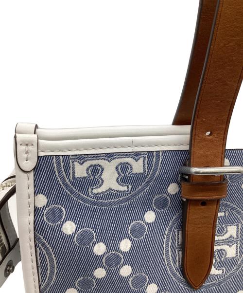 TORY BURCH（トリーバーチ）TORY BURCH (トリーバーチ) Tモノグラム ジャガード スモールトートバッグ インディゴ×ホワイトの古着・服飾アイテム