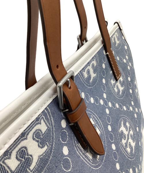 TORY BURCH（トリーバーチ）TORY BURCH (トリーバーチ) Tモノグラム ジャガード スモールトートバッグ インディゴ×ホワイトの古着・服飾アイテム