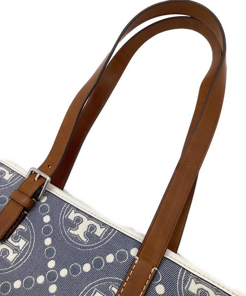 TORY BURCH（トリーバーチ）TORY BURCH (トリーバーチ) Tモノグラム ジャガード スモールトートバッグ インディゴ×ホワイトの古着・服飾アイテム