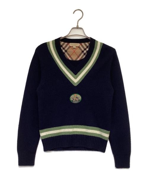 BURBERRY（バーバリー）BURBERRY (バーバリー) カシミヤ混 チルデンニットセーター ネイビー×グリーン サイズ:Mの古着・服飾アイテム