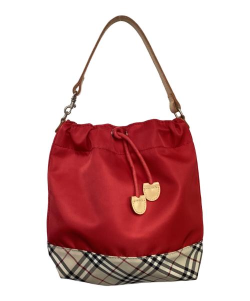 BURBERRY（バーバリー）BURBERRY (バーバリー) 巾着ハンドバッグ レッド×ベージュの古着・服飾アイテム