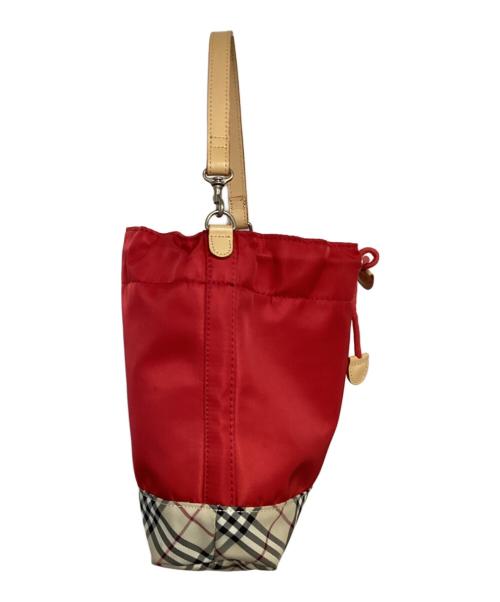 BURBERRY（バーバリー）BURBERRY (バーバリー) 巾着ハンドバッグ レッド×ベージュの古着・服飾アイテム