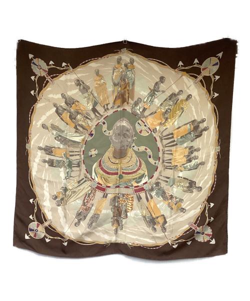 HERMES（エルメス）HERMES (エルメス) カレ90 PERLES DU KENYA（ケニヤの真珠）スカーフ ブラウンの古着・服飾アイテム