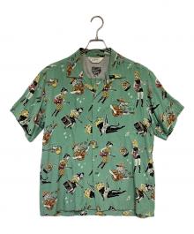Star OF HOLLYWOOD×VINCE RAY（スターオブハリウッド×ヴィンス・レイ）の古着「HIGH DENSITY RAYON OPEN SHIRT “GIRLS ’N’ GUITARS” オープンカラーシャツ」｜グリーン