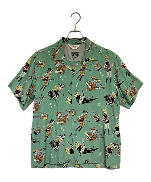 Star OF HOLLYWOOD（スターオブハリウッド）Star OF HOLLYWOOD VINCE RAY (ヴィンス・レイ) HIGH DENSITY RAYON OPEN SHIRT “GIRLS ’N’ GUITARS” オープンカラーシャツ グリーン サイズ:Mの古着・服飾アイテム