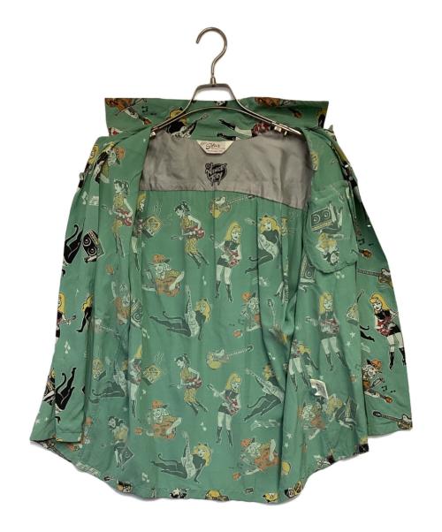 Star OF HOLLYWOOD（スターオブハリウッド）Star OF HOLLYWOOD VINCE RAY (ヴィンス・レイ) HIGH DENSITY RAYON OPEN SHIRT “GIRLS ’N’ GUITARS” オープンカラーシャツ グリーン サイズ:Mの古着・服飾アイテム