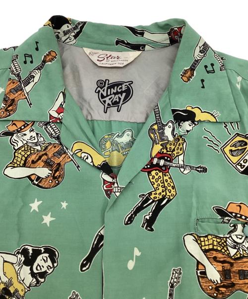 Star OF HOLLYWOOD（スターオブハリウッド）Star OF HOLLYWOOD VINCE RAY (ヴィンス・レイ) HIGH DENSITY RAYON OPEN SHIRT “GIRLS ’N’ GUITARS” オープンカラーシャツ グリーン サイズ:Mの古着・服飾アイテム