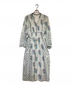ne quittez pasヌキテパ）の古着「Cotton Jacquard Lily Print Shirring Dress（コットン ジャカード リリー プリント シアリング ドレス）」｜ブルー