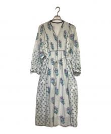 ne quittez pas（ヌキテパ）の古着「Cotton Jacquard Lily Print Shirring Dress（コットン ジャカード リリー プリント シアリング ドレス）」｜ブルー