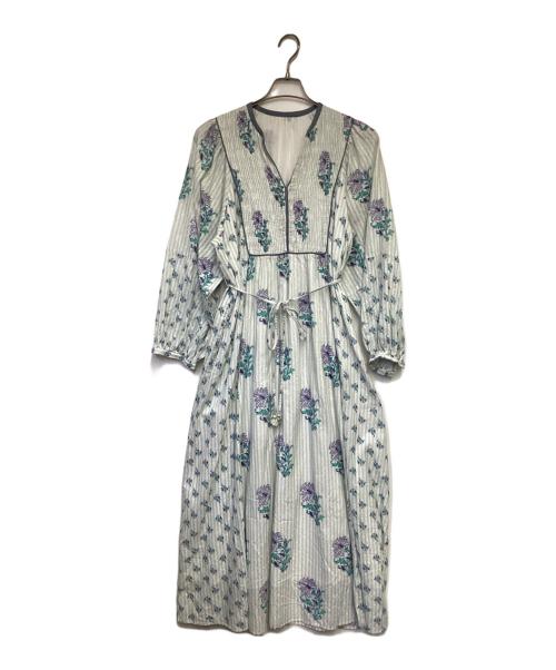 ne quittez pas（ヌキテパ）ne quittez pas (ヌキテパ) Cotton Jacquard Lily Print Shirring Dress（コットン ジャカード リリー プリント シアリング ドレス） ブルー サイズ:Lの古着・服飾アイテム