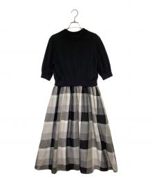 BLUE LABEL CRESTBRIDGE（ブルーレーベルクレストブリッジ）の古着「チェックドレープツイル ニットコンビマキシワンピース」｜ブラック