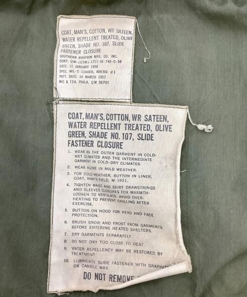US ARMY（ユーエスアーミー）US ARMY (ユーエスアーミー) SOUTHERN AVIATION (サザンアビエーション) M51フィールドジャケット オリーブ サイズ:SHORT MEDIUMの古着・服飾アイテム