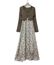 Snidel（スナイデル）の古着「ニットカーデ&プリントキャミワンピース」｜ホワイト×ブラウン