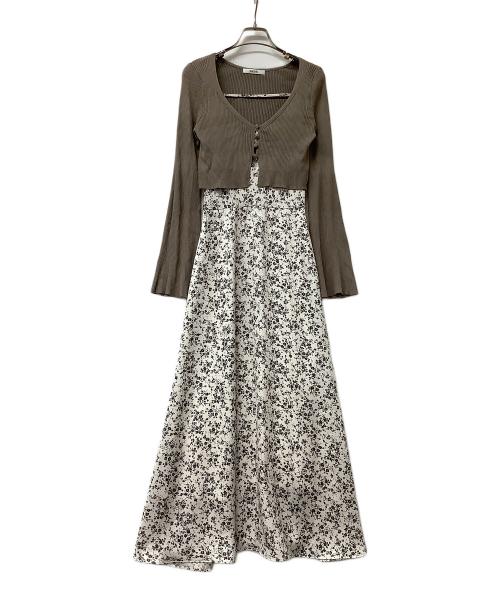 Snidel（スナイデル）Snidel (スナイデル) ニットカーデ&プリントキャミワンピース ホワイト×ブラウンの古着・服飾アイテム