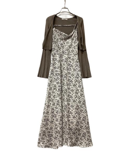 Snidel（スナイデル）Snidel (スナイデル) ニットカーデ&プリントキャミワンピース ホワイト×ブラウンの古着・服飾アイテム